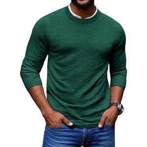 Coofandy Men Dark Green Crew Neck Pullover Long Sleeve Lightweight Dress Sweater